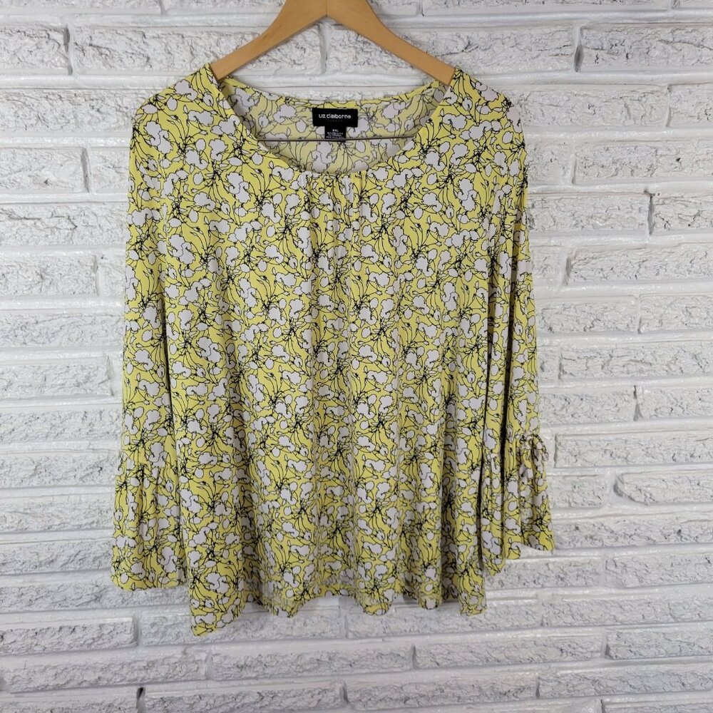 Liz Claiborne Womens Top XXL Plus 3/4 Bell Tied Sleeve Poly Blend FLO232E